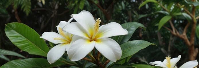 Fototapeta premium Single white frangipani bloom with lush foliage, bridal decoration, close-up shot, bright white, bloom of plumeria, botanical detail