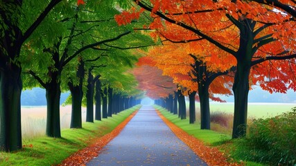 Naklejka premium Autumn pathway surrounded by vibrant colored trees