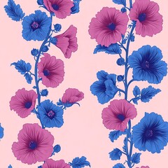 Vibrant Hollyhocks: A Seamless Pink & Blue Floral Pattern
