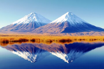 Fototapeta premium Snow-Capped Mountain Peaks Reflected in Tranquil Lake Surrounded by Lush Grassland Under Clear Blue Sky
