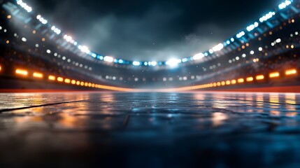 Fototapeta premium Night race track, illuminated with bright lights, reflecting on a wet asphalt surface