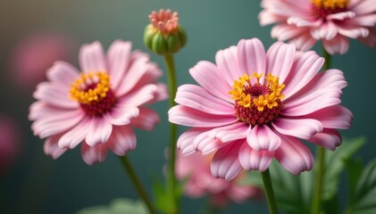 Obraz premium Zinnia Elegans flowers in shades of pink and white, zinnias, pastel colors