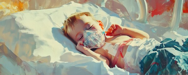 Baby lying in hospital bed with respiratory mask.