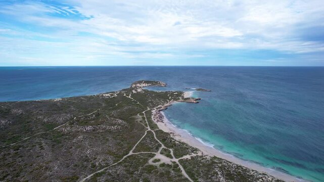 Aerial view of beautiful sandy beach and coastline with waves, North Head, Jurien Bay Marine Park, Wheatbelt Region, Australia.