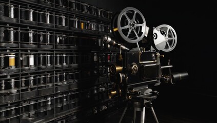 Obraz premium Vintage movie projector, film reels, dark room, cinematic history, stock photo