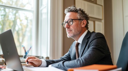 Modern Legal Consultation Charcoal Gray Suit, Professional Home Office, Digital Interface for Efficient Remote Law Services - Enhancing Accessibility and Client Experience
