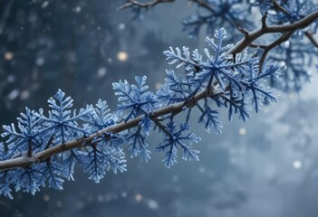 Snowflake-covered branch with blue snowflakes falling from above, wintry scenery , blue snowflakes