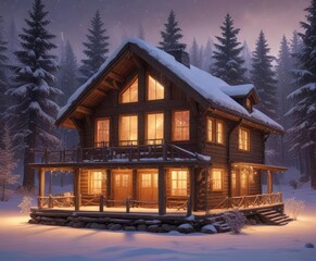 Snowflakes fall gently on a snow-covered cabin with a warm and inviting glow from its windows, cozy cabin, peaceful atmosphere, warm glow