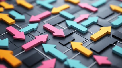 Colorful arrows of various sizes and directions on a textured surface, creating a dynamic and abstract visual pattern.