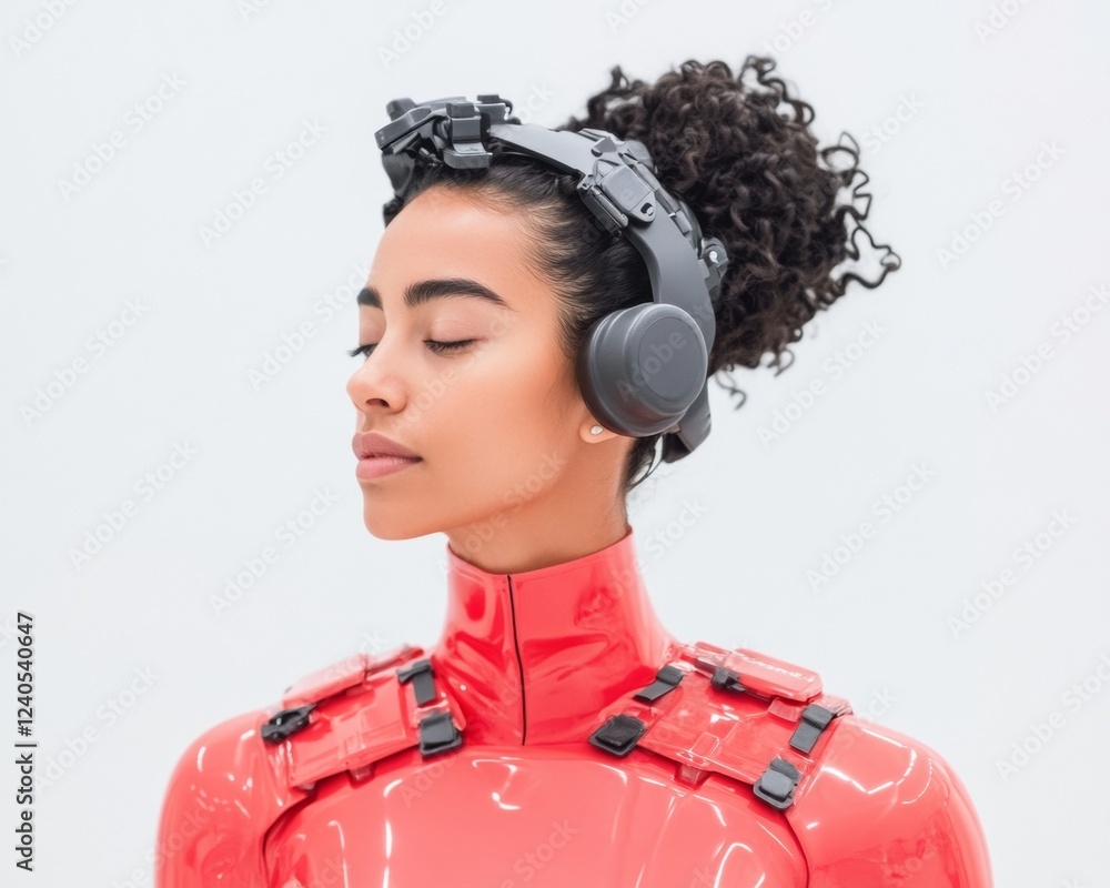 Poster Futuristic Workplace Efficiency Latina Tech Professional in Adaptive Exoskeleton with Sleek Red Finish - Innovation in Robotics and Modern Inclusive Design