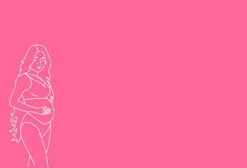 Linear silhouette of a pregnant woman on a pink background