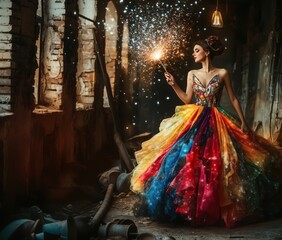Colorful rainbow gown with sparkles in abandoned building, enchanting woman casting magic, dramatic lighting, artistic photography, copy space for text