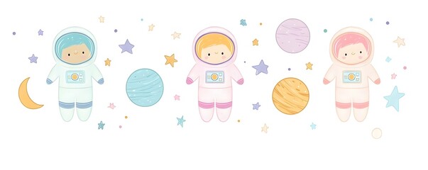 Playful cartoon astronauts floating in space surrounded by colorful planets and stars, ideal for children's themes