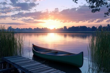 Obraz premium Serene Sunset Over Calm Lake with Canoe and Wooden Dock Surrounded by Lush Greenery and Reflective Water in a Peaceful Natural Setting