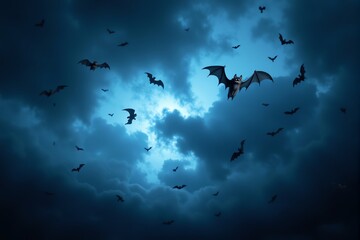 Fototapeta premium Here are a few options for your stock photo description, all under 200 characters:**Option 1 (Focus on atmosphere):**> Dark, stormy night sky filled with numerous bats in flig