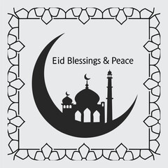 A geometric-patterned background with a crescent and mosque silhouette, featuring "Eid Blessings & Peace."silhouette image vector art and illustration