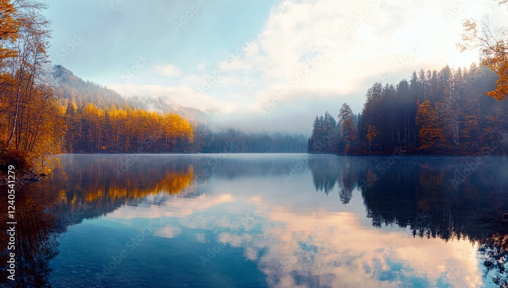 Poster serene autumn landscape with reflection on calm lake surrounded by forests and misty mountains at da