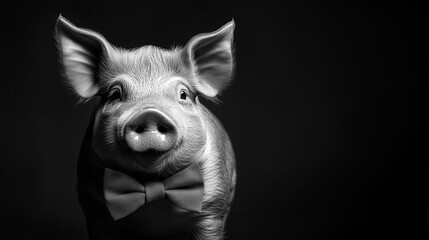 Elegant pig with bowtie, radiating charm in formal portrait, its refined features beautifully lit. pig has endearing appearance, touch of class