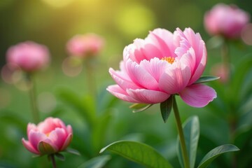 Obraz premium Soft focus on delicate pink peony flowers in greenery, bloom, spring