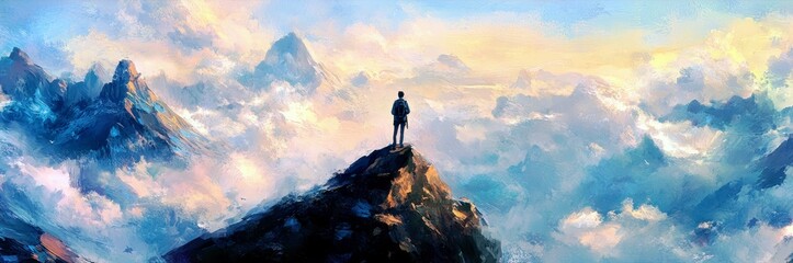 Fototapeta premium Breathtaking Mountain Landscape with Silhouette of a Person Standing on a Peak Illuminated by Colors of Sunrise and Surrounded by Dramatic Clouds
