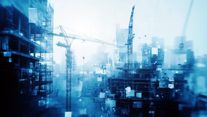 Abstract Modern Construction Site with Cranes and Scaffolding Under Fog in Blue and White Tones for Urban Development and Architecture Themes