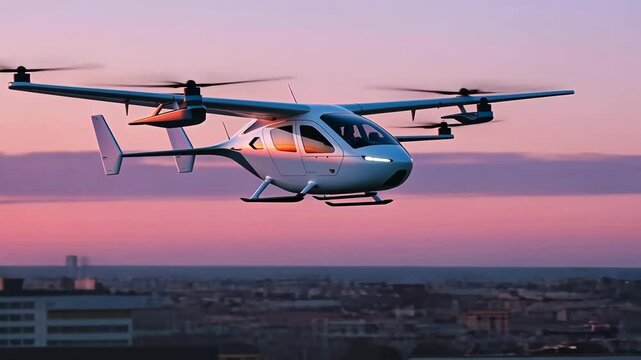 Aircraft, air taxi and flying with drone for innovation, technology and transportation. Modern, aviation and vehicle with futuristic, unmanned and sky with cityscape at sunset