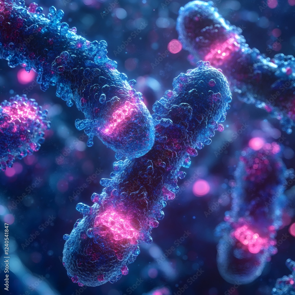 Poster ultradetailed microscope view of the cell division process in 8k with vibrant blue and pink chromoso