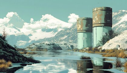 Obraz premium A serene landscape featuring towering mountains, reflective waters, and two industrial towers. The tranquil environment blends nature's beauty with human structures.