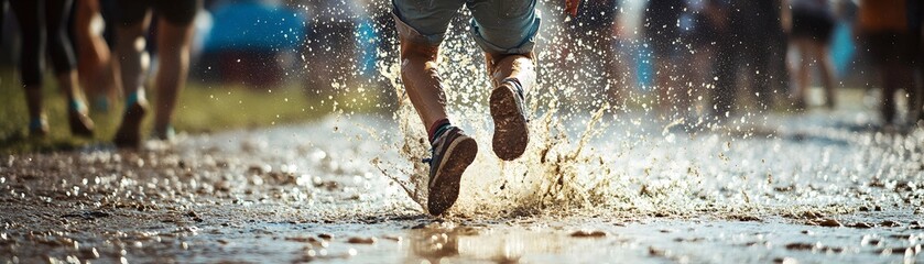 A thrilling moment captured as individuals run through a shallow puddle, splashing water in the air, showcasing the joy of outdoor activities and carefree fun during wet conditions