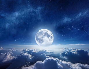 A bright full moon illuminates a night sky filled with fluffy clouds and twinkling stars