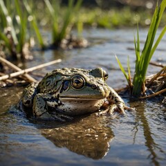 Obraz premium Frog Emerging from a Muddy Bank. Frog in the water. 