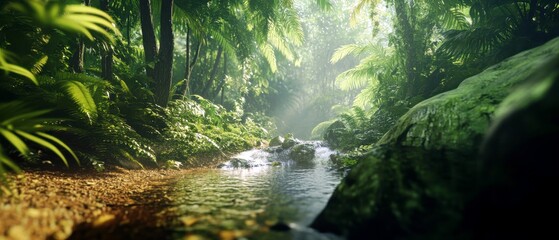 Fototapeta premium Tranquil Forest Stream Surrounded by Lush Greenery and Sunlight Filtering Through Leaves in a Vibrant Tropical Landscape