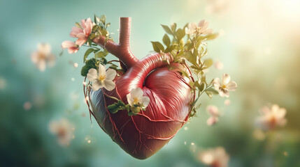A detailed anatomical heart intertwined with blooming flowers and glowing fairy lights, symbolizing love, nature, and emotional depth in a fantasy setting.  
