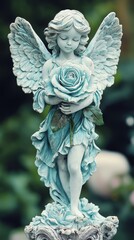 Serene Angel Figurine Holding a Blue Rose