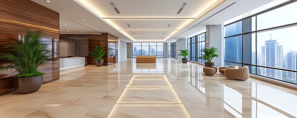 Luxurious Office Lobby with City View; Modern Design, Tranquil Atmosphere.