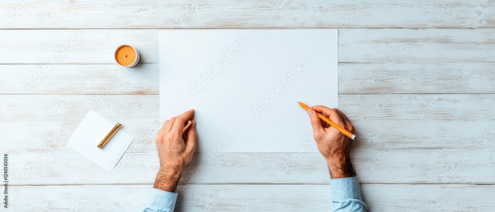 Poster contemporary brainstorm session executive hands with pen and blank paper on rustic wood - design thi