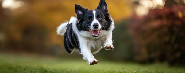 Energetic dog leaping joyfully across grassy field.