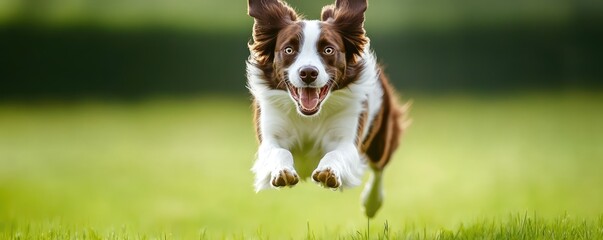 Energetic dog leaping joyfully across grassy field.