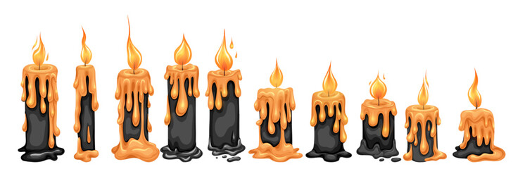 Obraz premium Mystical vector set of black melted candles isolated from background. Collection of hand drawn magical burning candles for icons and mobile apps. Magic and spa.