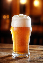 The image captures a golden, effervescent beer being poured from a brown bottle into a chilled glass. The rich foam forms a frothy head, while tiny bubbles rise through the liquid. The warm amber glow