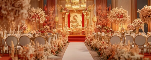 Obraz premium Lavish wedding venue with floral decorations and lights.