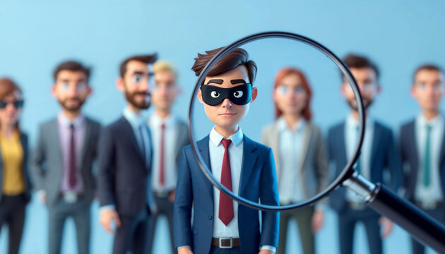 Detective examines a character suspected of theft in an animated office setting with diverse colleagues around