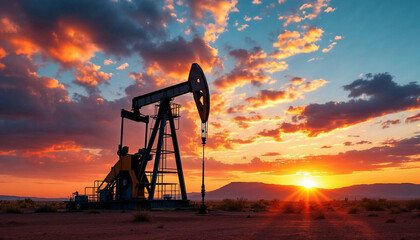 Oil pump jack silhouetted against a vibrant sunset in a rural landscape