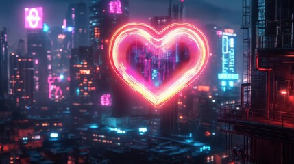 Obraz premium Craft a cyberpunk neon heart, Hovering with holographic glow above a cityscape