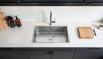 Modern kitchen sink setup with clean surface and organized utensils in a bright, minimalist space