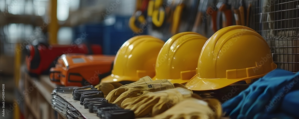 Poster a close-up view of yellow safety helmets and gloves arranged neatly in a workshop, symbolizing const