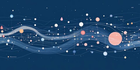 Dynamic Data Visualization with Flowing Lines, Points, and Network Connections on a Blue Background