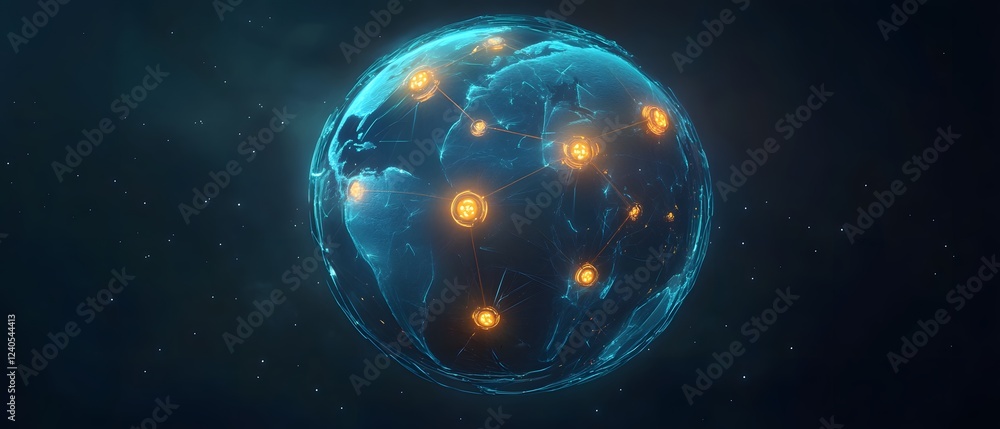 Poster a digital representation of a glowing globe with illuminated points, symbolizing connectivity and gl