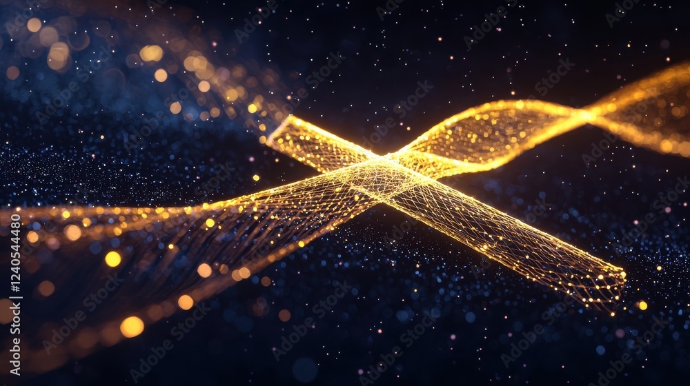 Poster abstract digital art featuring glowing golden and blue particles forming an x shape against a dark b