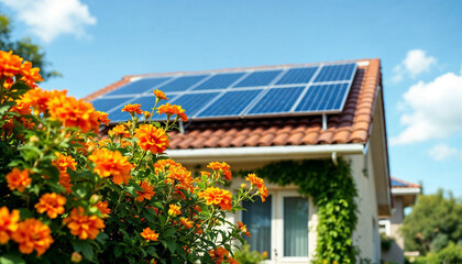 Bright sunshine illuminates a home with solar panels and vibrant orange flowers in a serene neighborhood setting